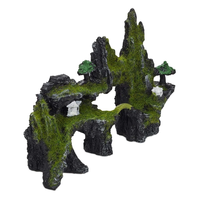 Decoración Acuario Roca Estilo Japonés - Piedra Escondite Peces - Poliresina - 17x235 cm - Negro/Verde