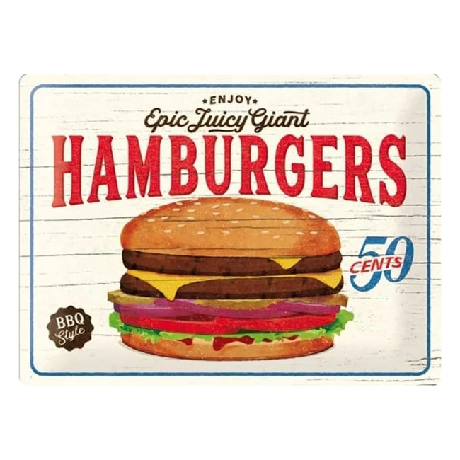 Cartel de chapa retro USA Hamburgers - Diseño vintage para decoración pared 30x40cm