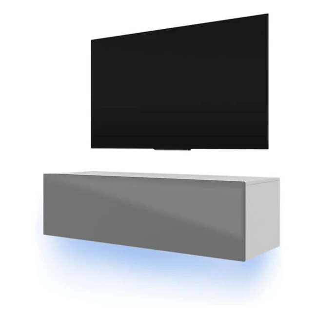 Meuble TV Skylara Blanc Mat/Gris Brillant - Suspendre avec Éclairage LED Bleu