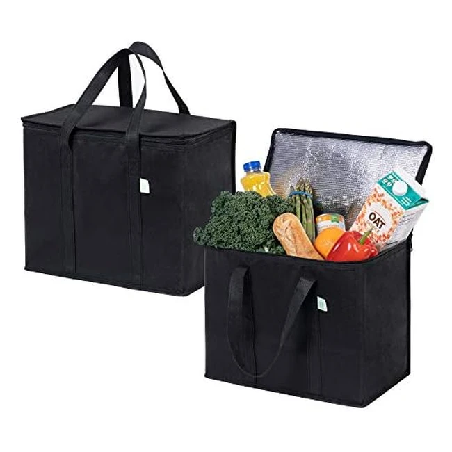 Veno 2 Pack Insulated Reusable Grocery Shopping Bag - Heavy Duty, Large Size, Durable Handles, Dual Tab Zips - Collapsible, Sustainable - Black