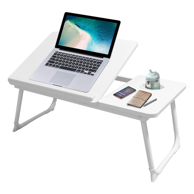 Foldable Laptop Desk with Cup Slot and Reading Holder - White