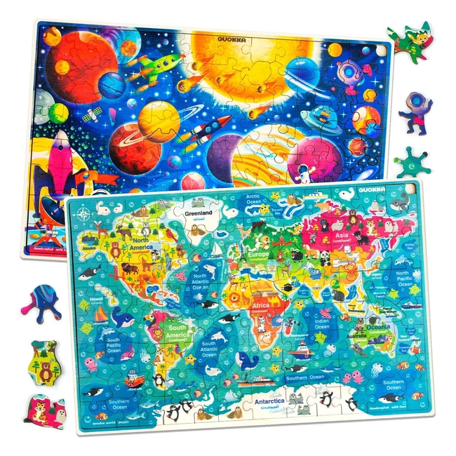Wooden Jigsaw Puzzles for Boys and Girls Age 3-7 | Quokka 100 Piece World Map and Space Educational Toy