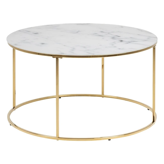 AC Design Furniture Boris - Runder Couchtisch mit Glastischplatte in weißer Marmoroptik und goldenem Metallgestell - Eleganter Wohnzimmermöbel
