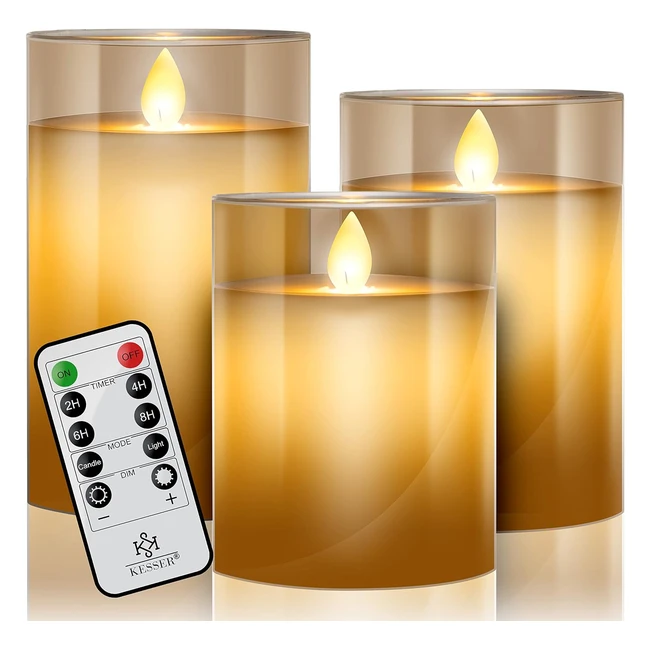 Kesser LED Kerzen 3er Set - Flammenlose Kerze mit Fernbedienung, Timerfunktion, Dimmer - Echtwachskerze 10cm, 12.5cm, 15cm hoch - Realistisch flackernde LED-Flammen - Glas Deko - Gold