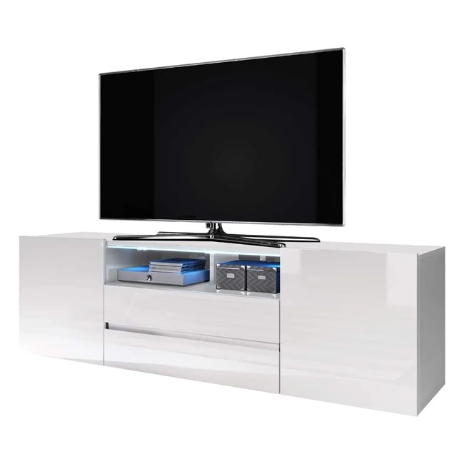 Meuble TV Banc 140 cm Blanc Mat/Blanc Brillant avec LED - Bros