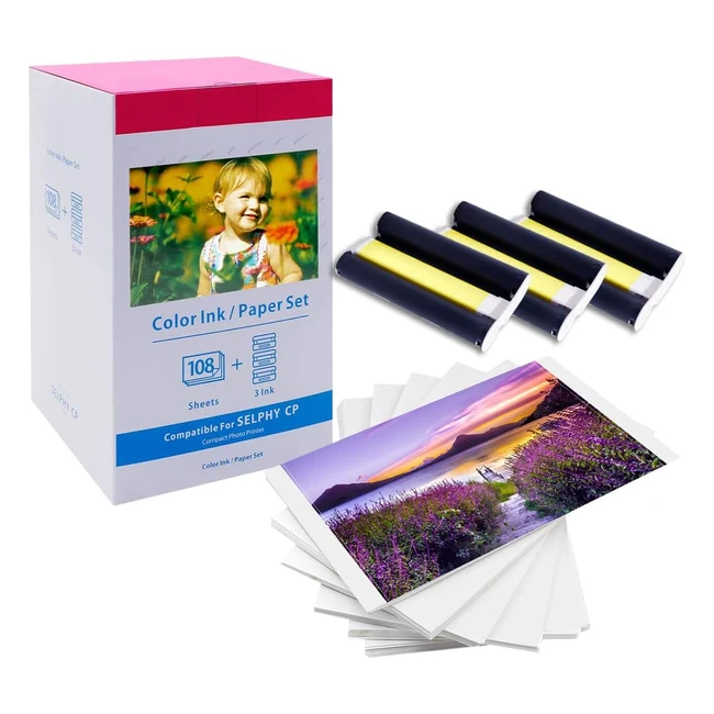 Canon Selphy CP1300 KP108IN Ink and Photo Paper Set - 3 Color Ink Cassette 108 