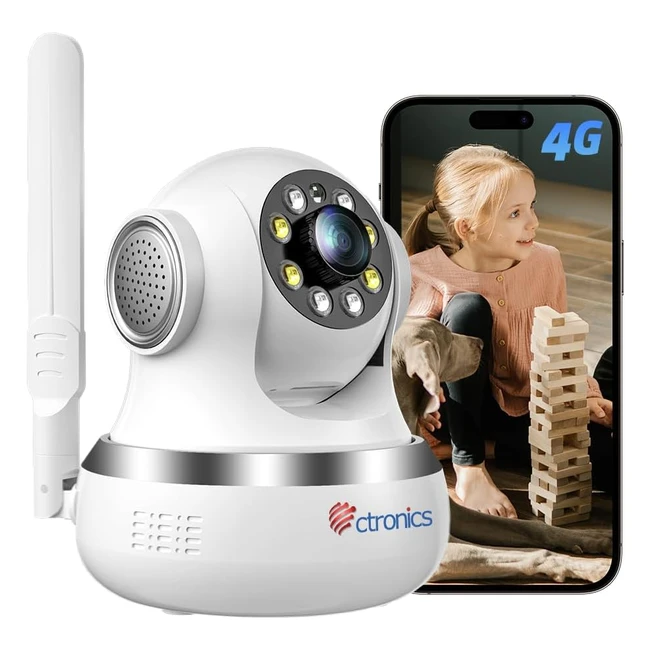 Cámara de vigilancia interior Ctronics 3G4G LTE con tarjeta SIM | 360 PTZ IP | Seguridad inalámbrica | Detección humana | Visión nocturna en color | Audio bidireccional