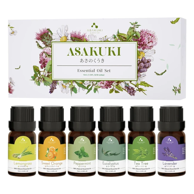 Asakuki Essential Oils Set - Top 6 Aromatherapy Oils - Gift Set with Lavender E
