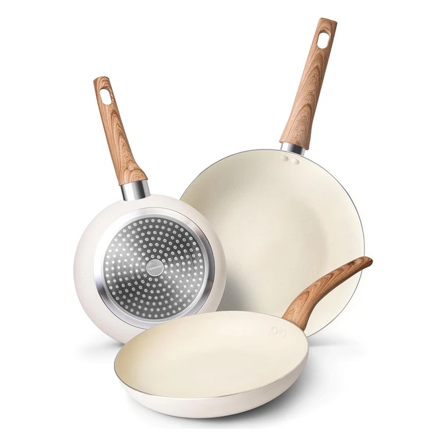 Nuovva Induction Hob Pan Set - Non Stick Chefs Pans - 3pcs - Cream Granite - Kitchen Cookware