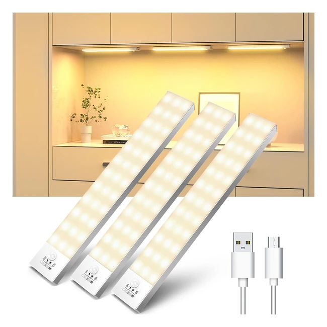 LED Nachtlicht für Küche mit Bewegungssensor - Unterbauleuchte 3er Set - Warmweiß - Batteriebetrieben - USB Aufladbar