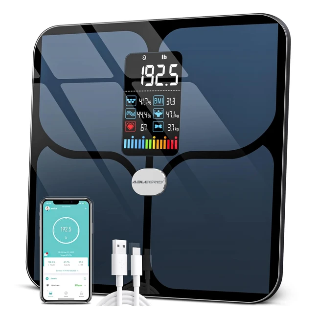 Ablegrid Digital Smart Bathroom Scale - Large LCD Display - 16 Body Composition Metrics - Rechargeable