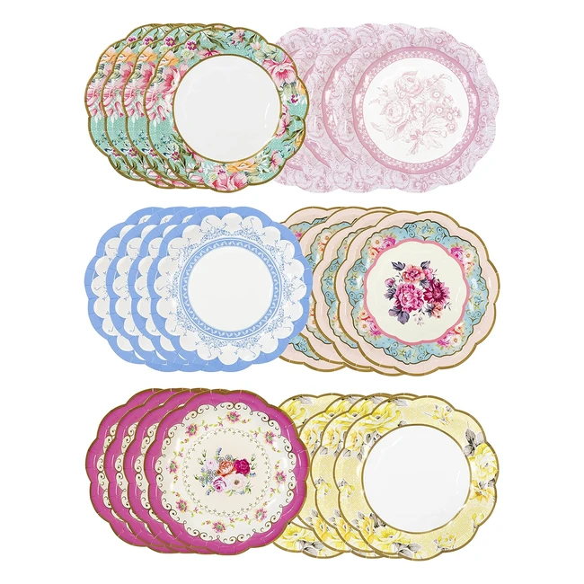 Lot de 24 assiettes jetables fleuries - Vaisselle vintage avec bord festonné - Assiettes pour anniversaire ou garden party - 175 cm