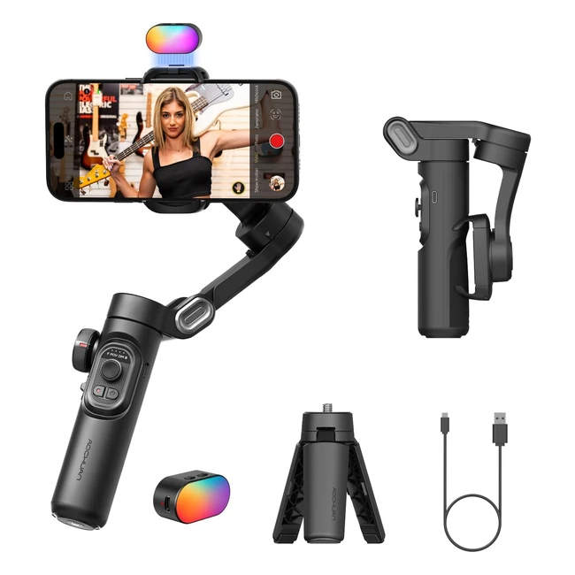 Smartphone Gimbal 3-Axis Stabilizer for iPhone & Android | Magnetic Fill Light | Smooth Video Recording | Foldable & Portable | Aochuan Smart XE Kit