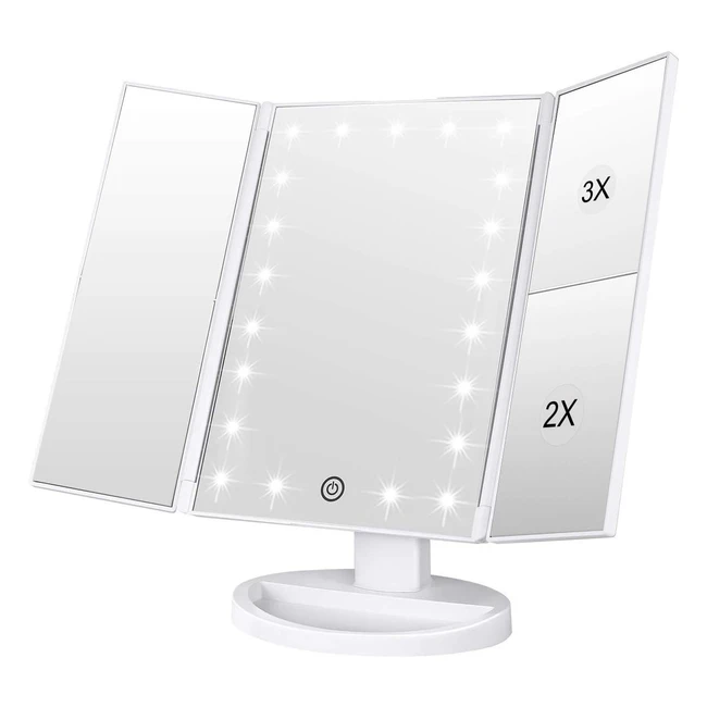 Weily Vanity Makeup Mirror 1x2x3x Trifold with 21 LED Lights - Adjustable Touch 
