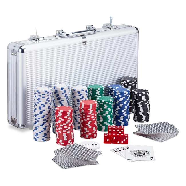 Set da poker Relaxdays 300 fiche 2 mazzi di carte 5 dadi dealer button valigetta