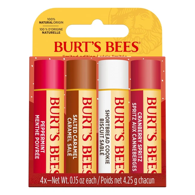 Burt's Bees Lip Balm Gift Set - Shortbread Cookie, Cranberry Spritz, Salted Caramel, Peppermint - 4x425g
