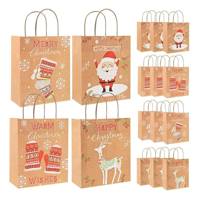 Lot de 12 sacs cadeaux en papier avec poignes - Nol - 26cm x 21cm x 10cm