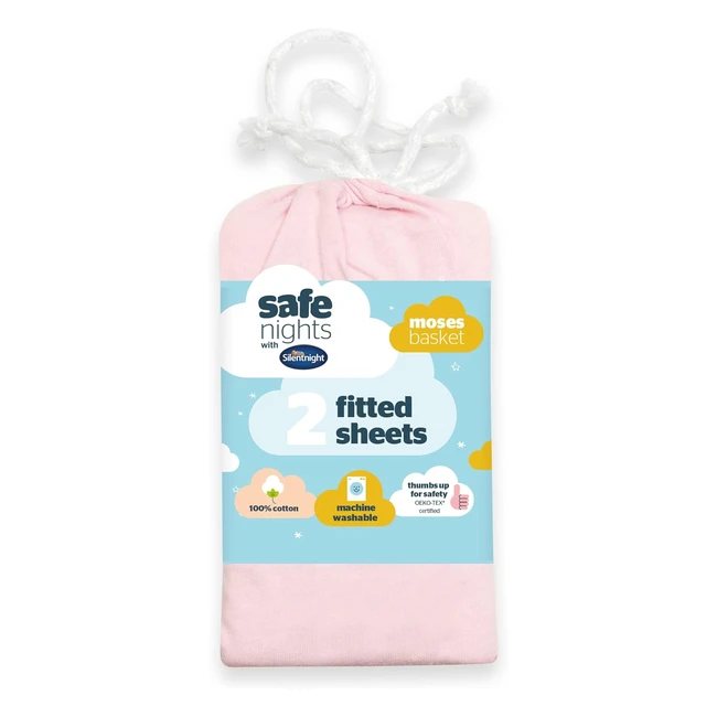Silentnight Safe Nights Moses Basket Fitted Sheets - Pack of 2 - Plain Pink - Su