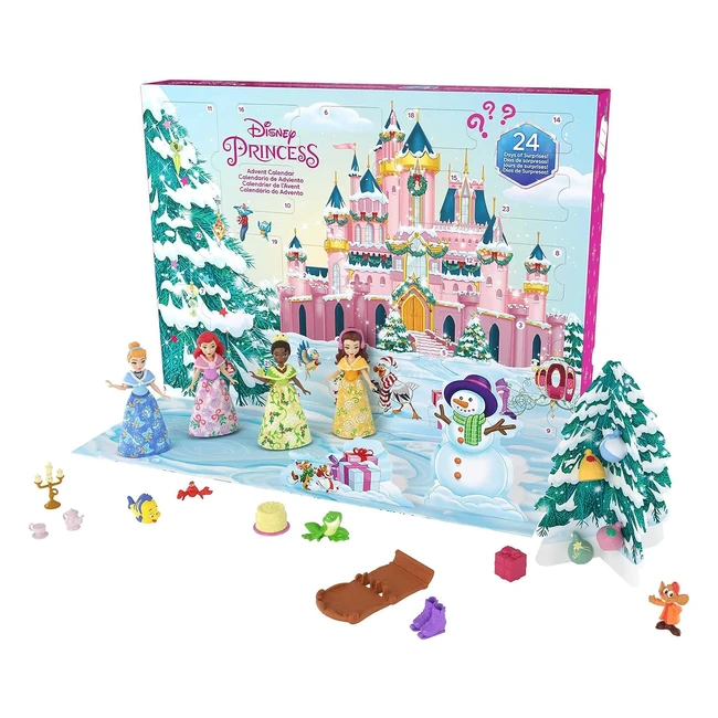 Disney Princess Adventskalender 24 Türchen mit Geschenken rund um beliebte Filmfiguren wie Tiana, Cinderella und Belle inklusive 4 kleinen Prinzessinnenpuppen