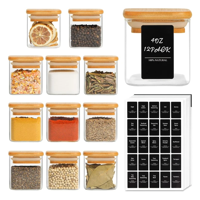 Comsaf 12 Pcs Glass Spice Jars with Bamboo Lids - Airtight Storage Containers for Spices, Seeds, Nuts - 4oz/120ml