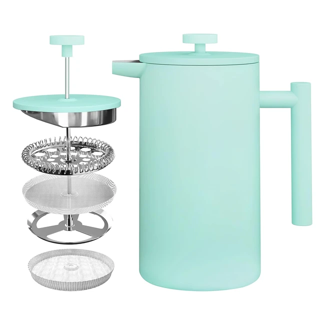 Kichly Cafetiere 8 Cup Stainless Steel French Press Coffee Maker - 3 Level Filtration System - Double Walled Insulated - 1000ml - Sky Blue