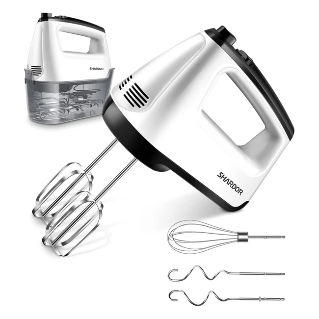 Shardor Hand Mixer Electric Whisk 6 Speeds Turbo Button Snap-on Storage Case 5 Stainless Steel Attachments