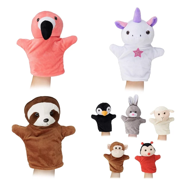 Lot de 8 marionnettes pour enfants - Singe, licorne, paresseux, flamant - Peluches colorées