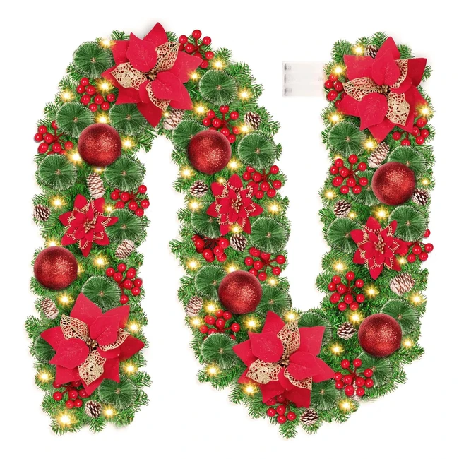 Guirnalda Navidad 27m 30LED - Luces Coronas Artificiales con Flores y Bolas - Re