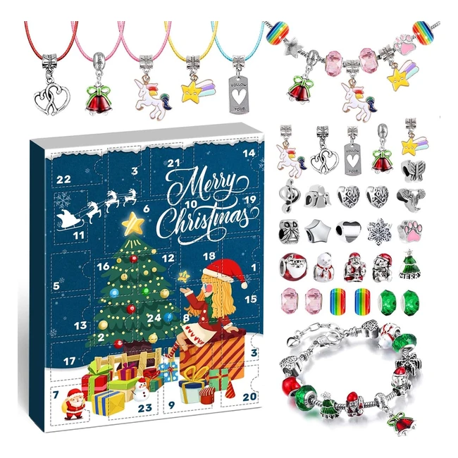 Calendrier de l'Avent Bijoux Fille Enfant 2023 - Perles, Bricolage, Breloques - 2 Bracelet 5 Collier - Compte à Rebours 24 Jours - Cadeau Surprise Noël