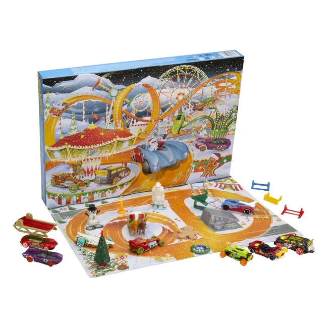 Hot Wheels Adventskalender - 8 Spielzeugautos mit Feiertagsmotiven und Zubehör - Spielzeug für Kinder ab 3 Jahren