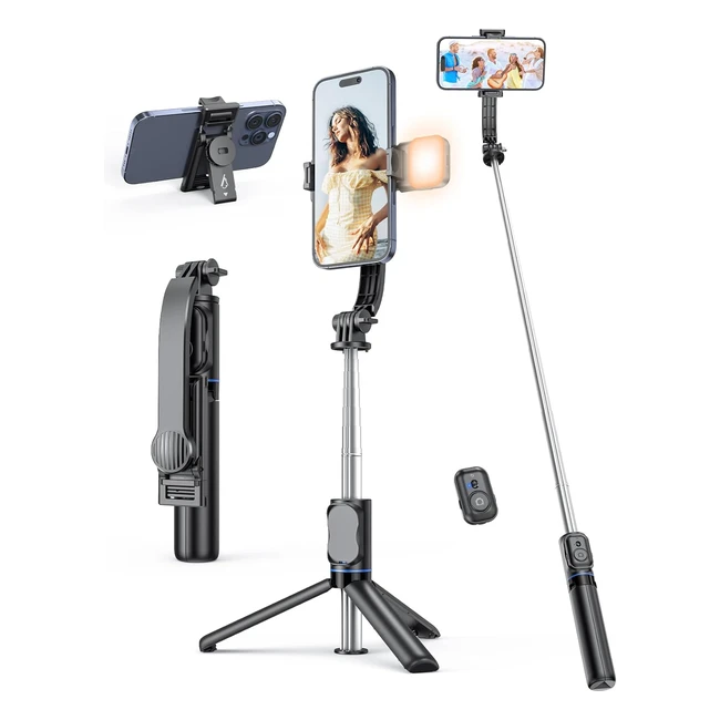 Palo Selfie Trípode con Luz de Relleno - Soporte Teléfono Desmontable - Trípode Extensible 106cm - Control Remoto - Soporte Giratorio 360° - iPhone Samsung