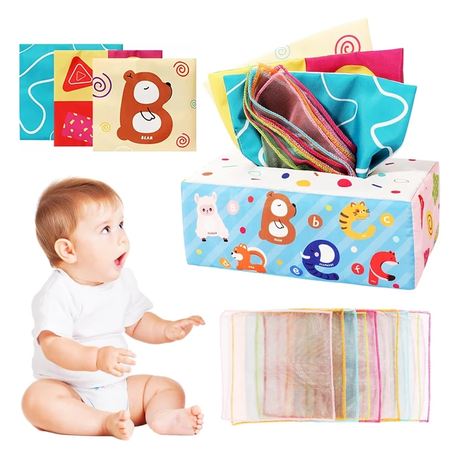 Jouet bébé 6 mois - Boîte de mouchoirs sensoriels Montessori - Couleurs et textures - Réf. XYZ