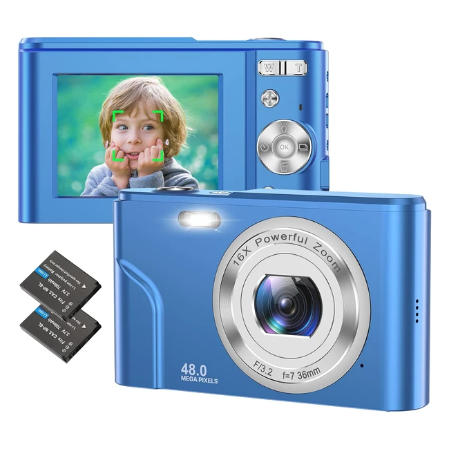 Appareil photo numérique compact 48MP 1080P HD avec autofocus et zoom numérique 16x - Bleu