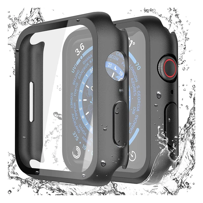 2 Pezzi Misxi Nero Cover Impermeabile per Apple Watch Serie 9 2023 Serie 8 Serie 7 45mm - Protezione Schermo in Vetro Temperato - Custodia Protettiva Ultrasottile Antigraffio