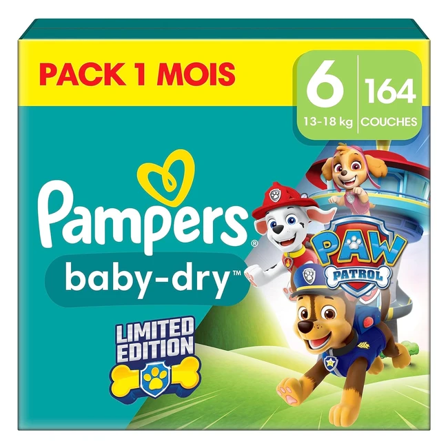 Pampers Couches Babydry Taille 6 - 1318 kg - 164 Couches Bébé, Pack 1 Mois - Édition La Pat'Patrouille