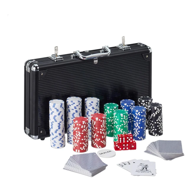 Valigetta Poker Relaxdays 300 Chips Laser 2 Mazzi Carte 5 Dadi Dealer Richiudibi