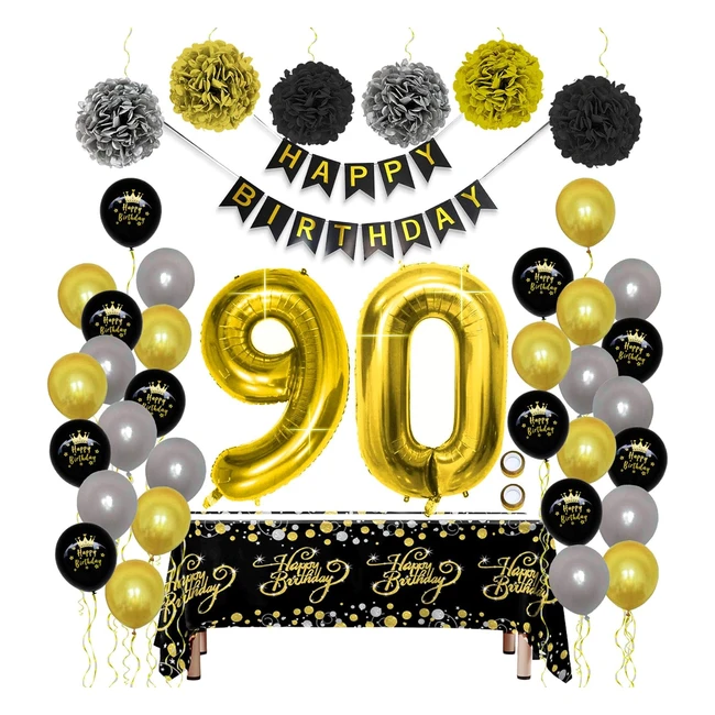 Decorazioni Festa 90 Anni Compleanno Oro Nero Happy Birthday - Set Pompon Striscione Tovaglia Foil Numero Palloncini Donna Uomo