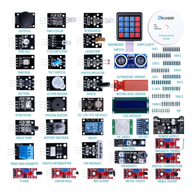 Kit de capteurs Elegoo 37in1 V20 avec tutoriel complet et CD accessible - Compatible Arduino IDE