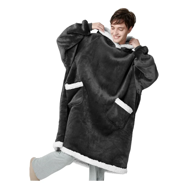 Bedsure Hoodie Blanket - Oversize Pullover, Cuddly Sherpa with Sleeves and Hood, Schwarz, XXL