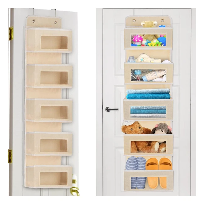 AQASH Over Door Hanging Storage Organizer - 5 Clear Window Pockets - Toys, Wallets, Towels - Grey/Beige