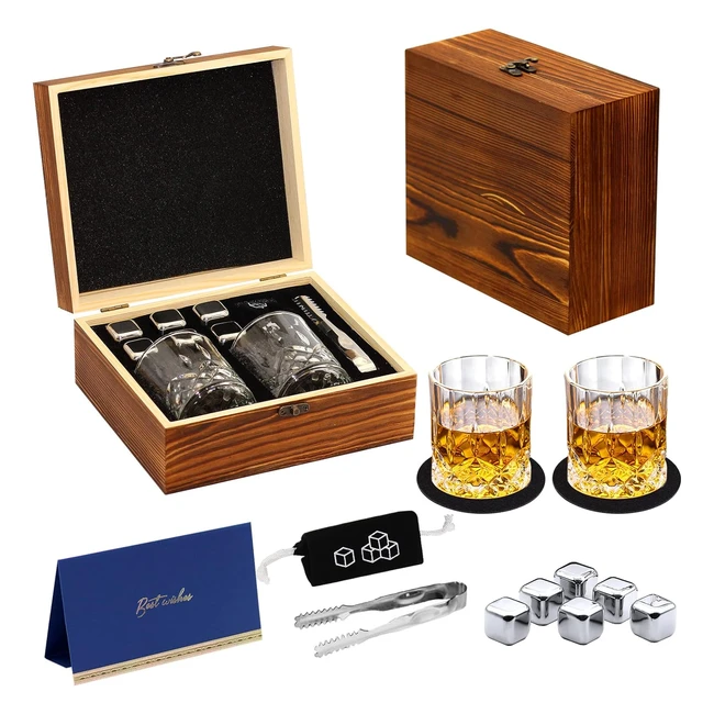 Whiskey Stones and Glass Gift Set - KAQ 6 Stainless Steel Whisky Stones 2 Cryst