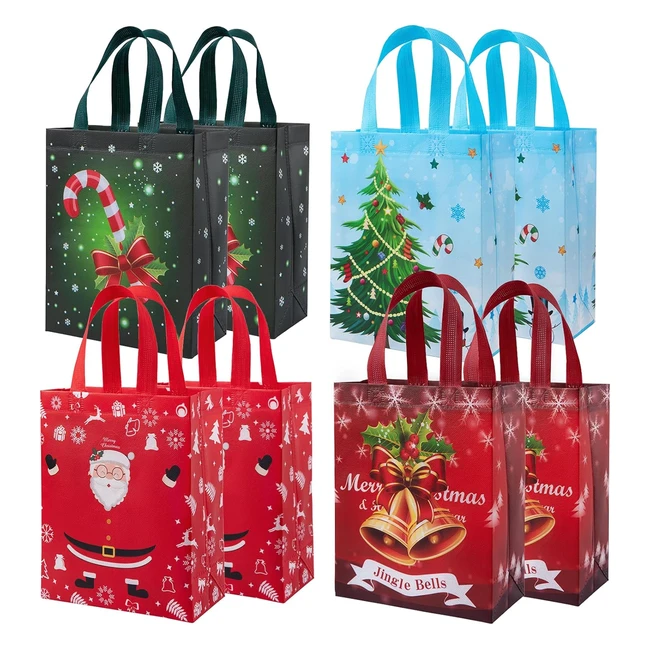 8pcs Small Christmas Bags with Handles - Reusable Shopping Bags - Santa Claus Christmas Tree Candy Bells - Merry Christmas - Gift Bag for Christmas Party