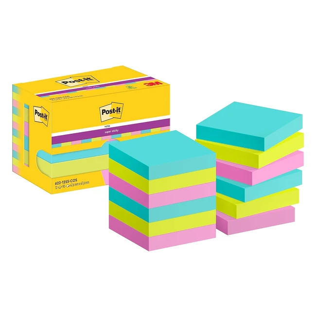 Notas adhesivas super sticky Cosmic Color, paquete de 12 blocs, 90 hojas por bloc, turquesa verde rosa
