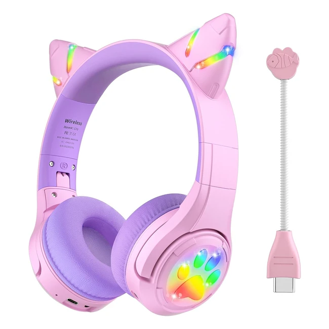 Riwbox Kids Bluetooth Headphones CF9 - Cat Ear Headphones with LED Light & Boom Mic - 85dB Volume Limited - Purple