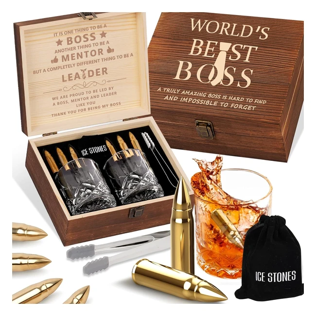 Whiskey Glasses Set - Best Boss Gift - Premium Quality - 6 Stones 2 Glasses