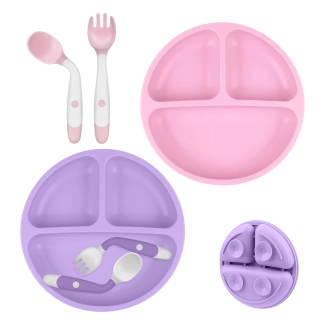 Assiettes en silicone avec ventouse pour bébé - 2pcs - Incassable - Passe au lave-vaisselle et au micro-ondes - Rose/Violet