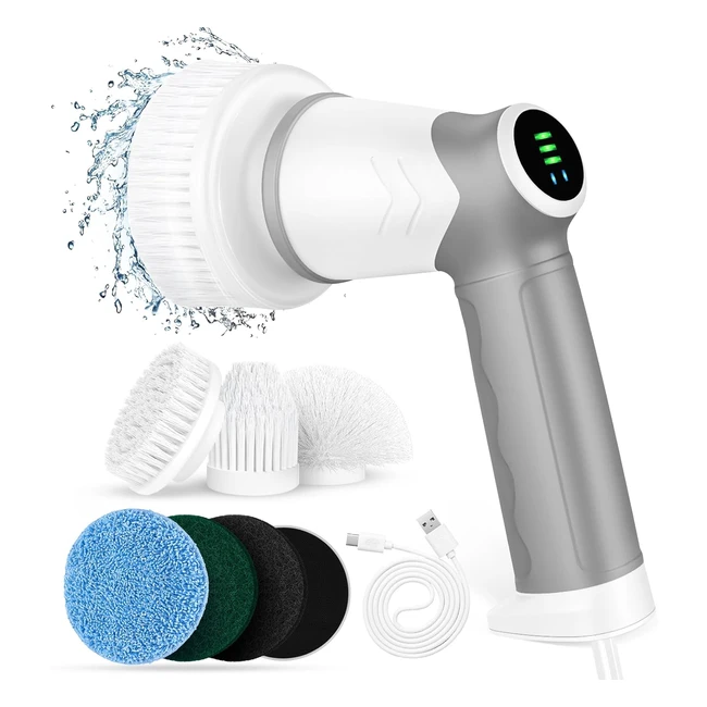 Powerful Electric Spin Scrubber with LED Display - 2 Speeds 6 Brush Heads