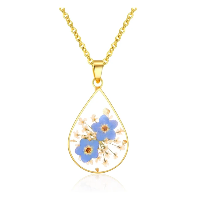 Forgetmenot & Queen Anne's Lace Pressed Wildflower Necklace - Teardrop Pendant - Handmade Gift for Women