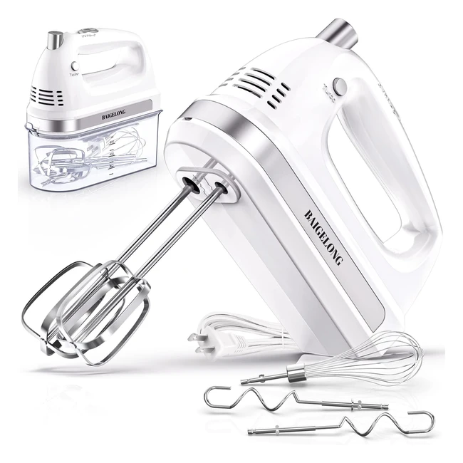 Baigelong Hand Electric Mixer 300W - Ultra Power Food Kitchen Mixer - 5 Speeds - Turbo Boost - 5 Stainless Steel Attachments - White