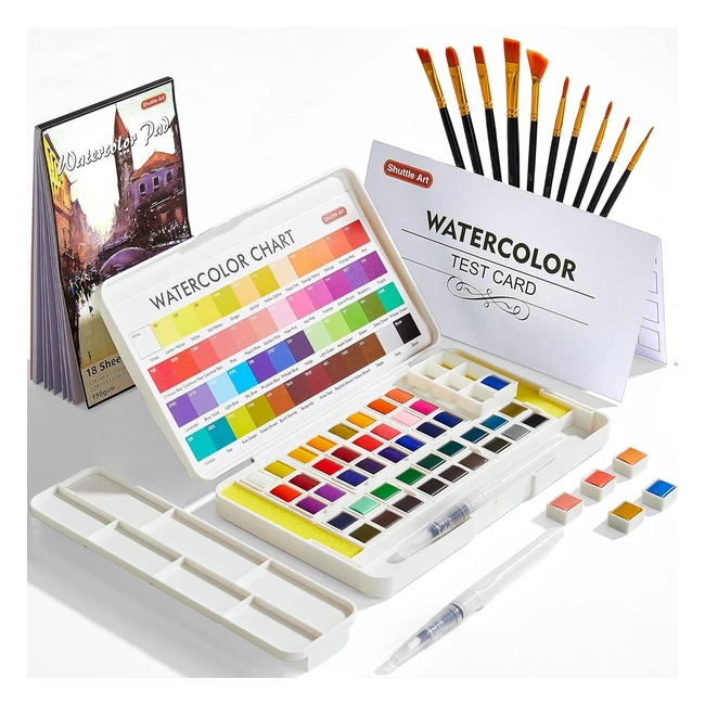Shuttle Art Watercolour Paint Set - 48 Colours Half Pan 2 Water Brush Pens 10